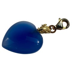 Handcrafted 18 Karats Gold Blue Agate Heart Love Charme Lucky Feather Pendant