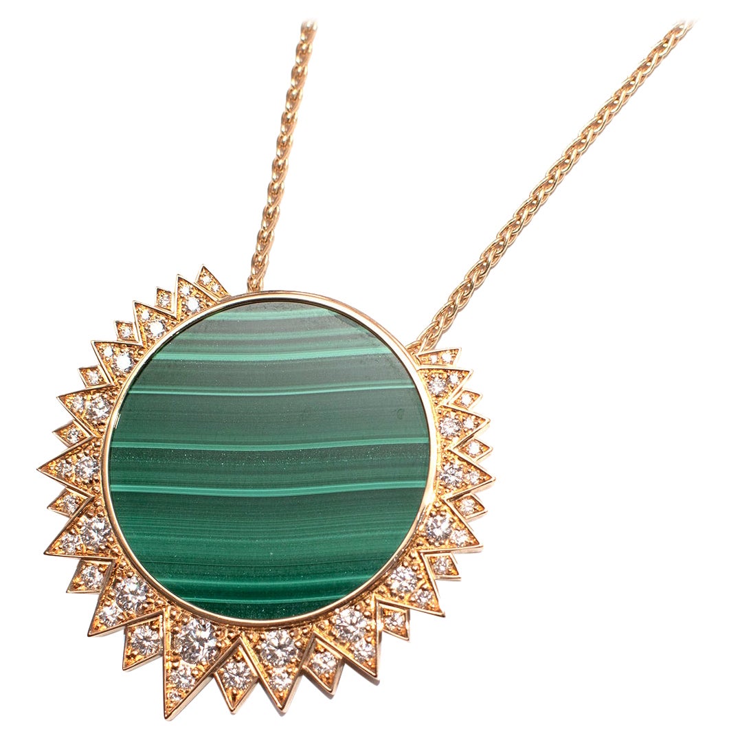 Piaget Rose Gold, Diamond & Malachite Sunlight Pendant Necklace For Sale