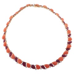 Coral Ruby Leafs Diamond Necklace in 18 Karat Rose and White Gold