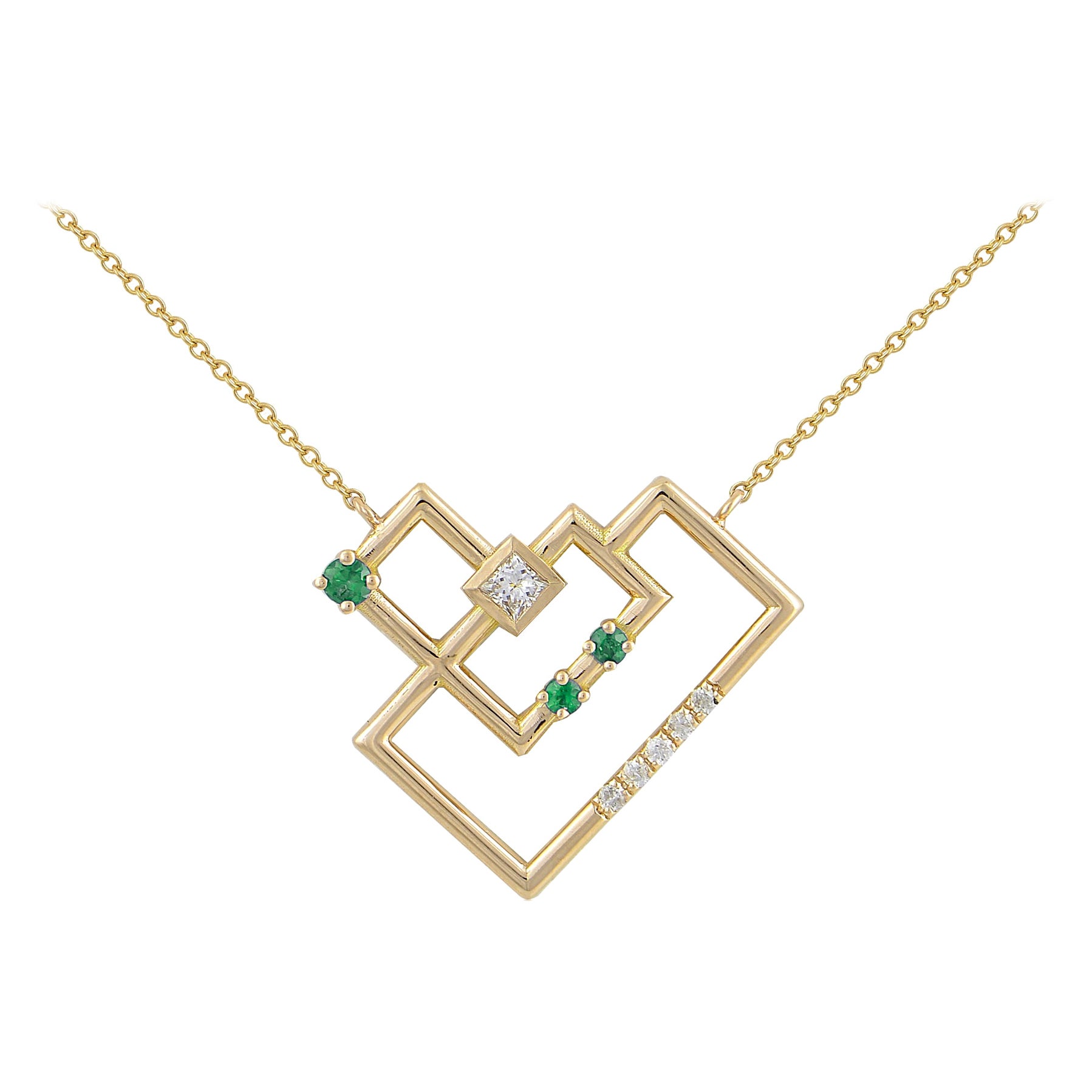 Interlocking Geometry Emerald and Diamond Heart Pendant