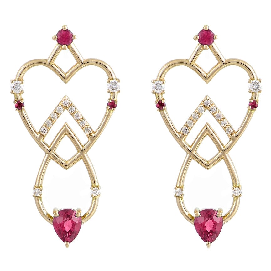 Interlocking Geometry Ruby and Diamond Rose Long Earrings