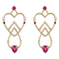 Interlocking Geometry Ruby and Diamond Rose Long Earrings
