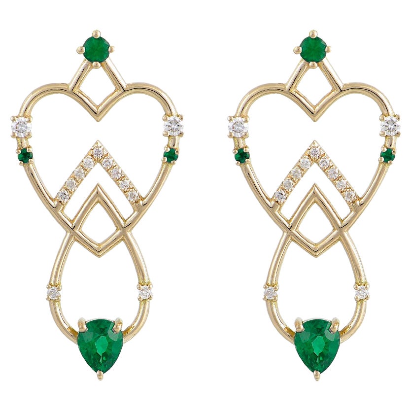 Interlocking Geometry Emerald and Diamond Long Earrings
