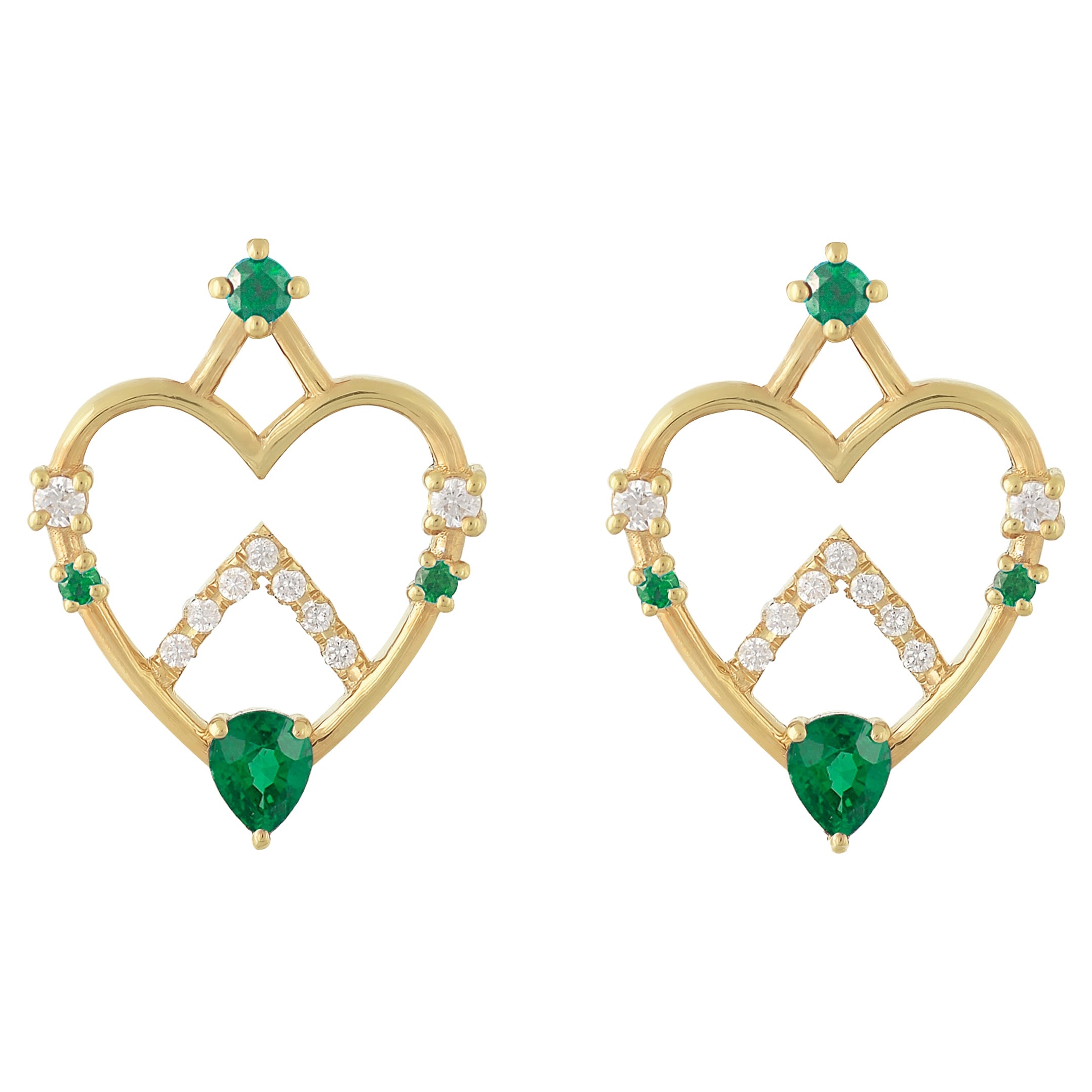 Emerald and Diamond Heart Shaped Stud Earrings in 18 Karat Gold