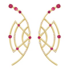 Interlocking Geometry Ruby and Diamond 18 Karat Gold Earrings