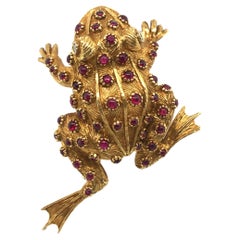 Vintage 18 Karat Yellow Gold Ruby Diamond Frog Pin Brooch by Meister