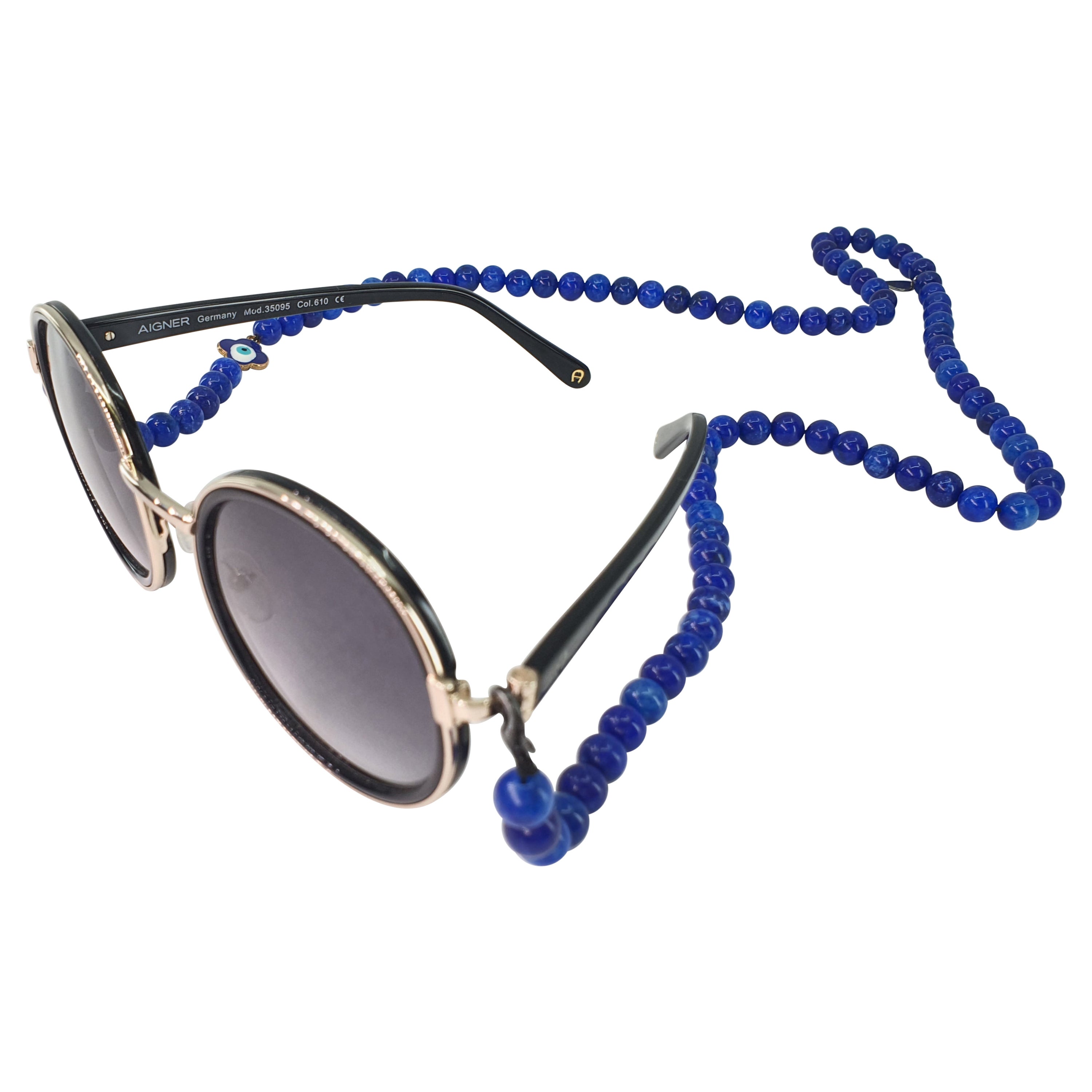 Lapis Lazuli Beads Sunglasses Chain with Evil Eye Flower Charm