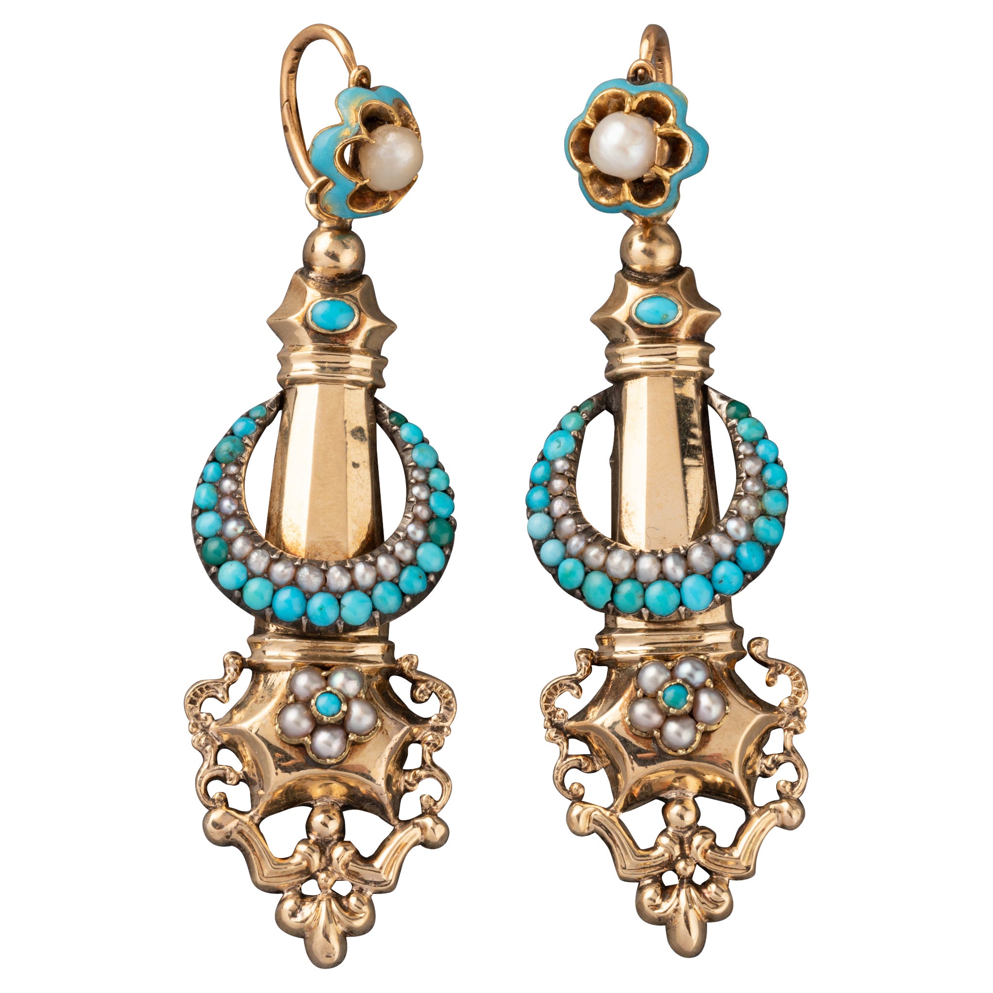 Antique French 1830's Earrings, Gold and Turquoises For Sale
