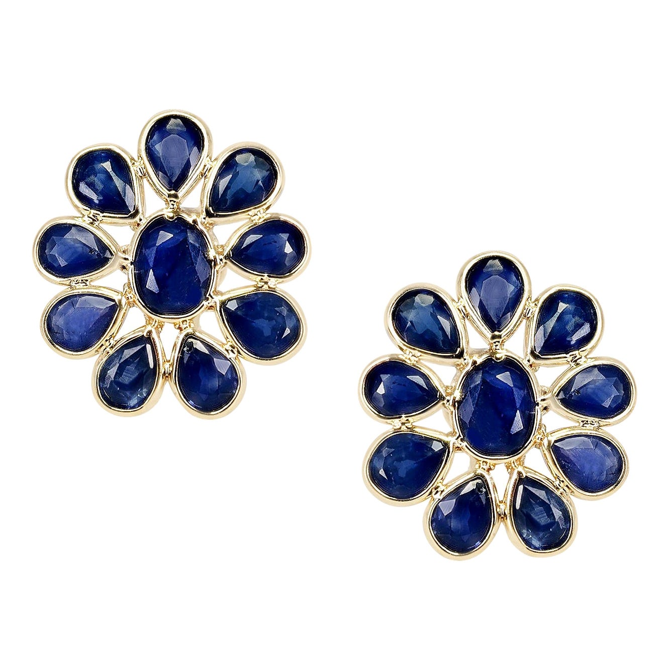 Blue Sapphire Bezel-Set Oval and Pear Shape Floral Earrings, 18 Karat Gold