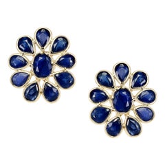 Blue Sapphire Bezel-Set Oval and Pear Shape Floral Earrings, 18 Karat Gold