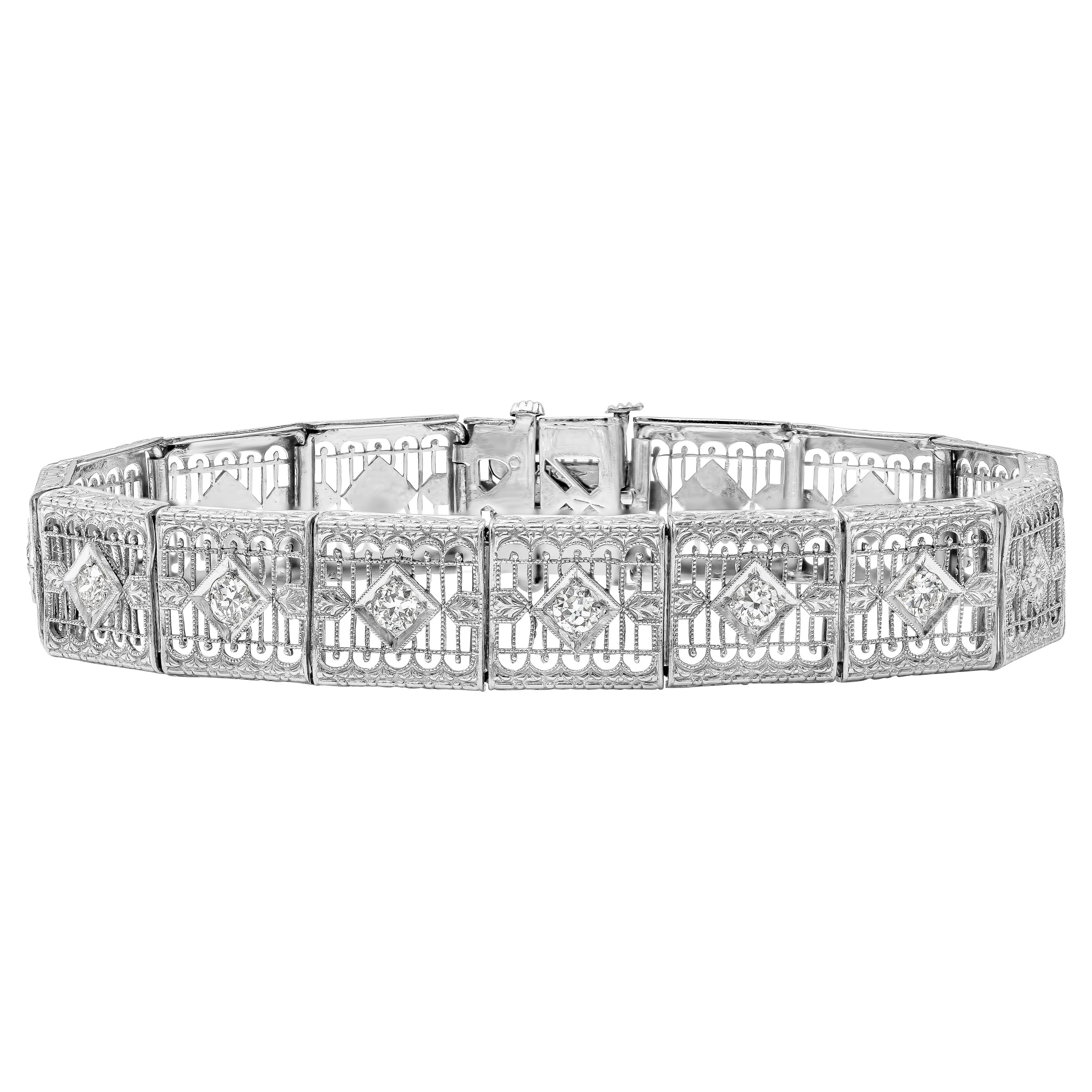 Bracelet ancien ajouré en diamants taille vieille Europe de 0,70 carat au total en vente