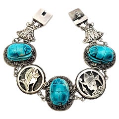 Vintage Egyptian Revival Silver and Faience Scarab Bracelet