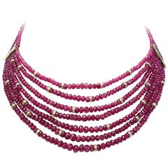 Multi Strand Ruby Bead Diamond Gold Necklace
