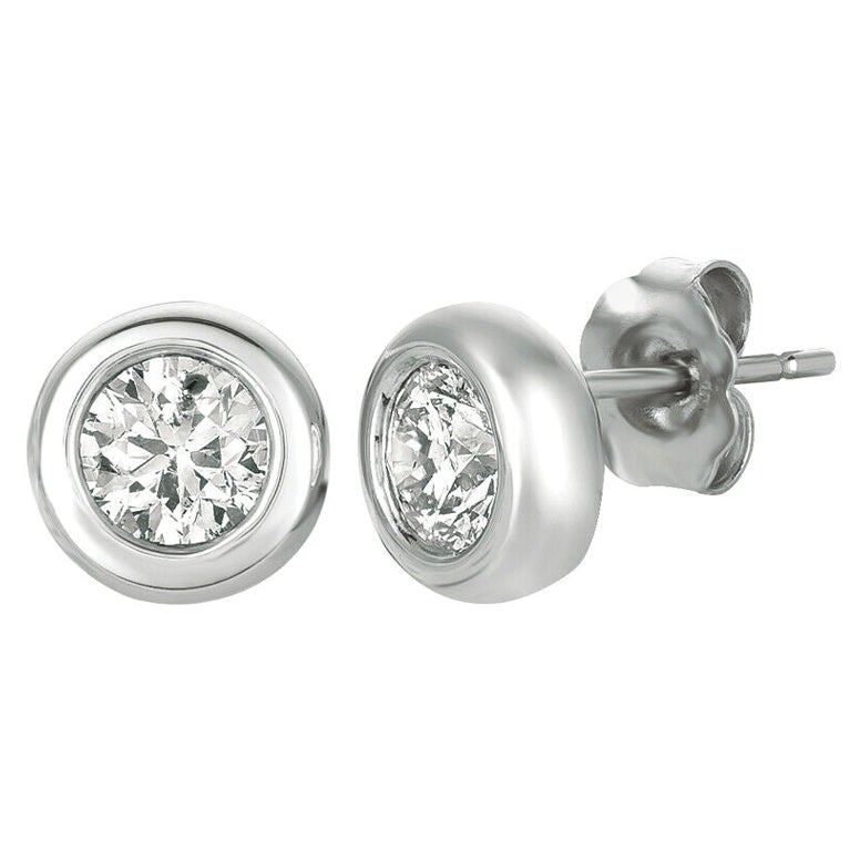 1.00 CT Natural Diamond Bezel Earrings G-H SI Set in 14K White Gold For Sale