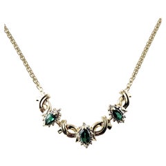 14 Karat Yellow Gold Synthetic Emerald and Diamond Necklace
