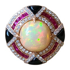 Set in 18K Gold Art Deco Style Ethiopian Opal Ruby Diamonds & Onyx Cocktail Ring