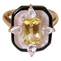 Set in 18K Gold Art Deco Style Yellow Aquamarine, Diamonds & Enamel Cocktail Ring