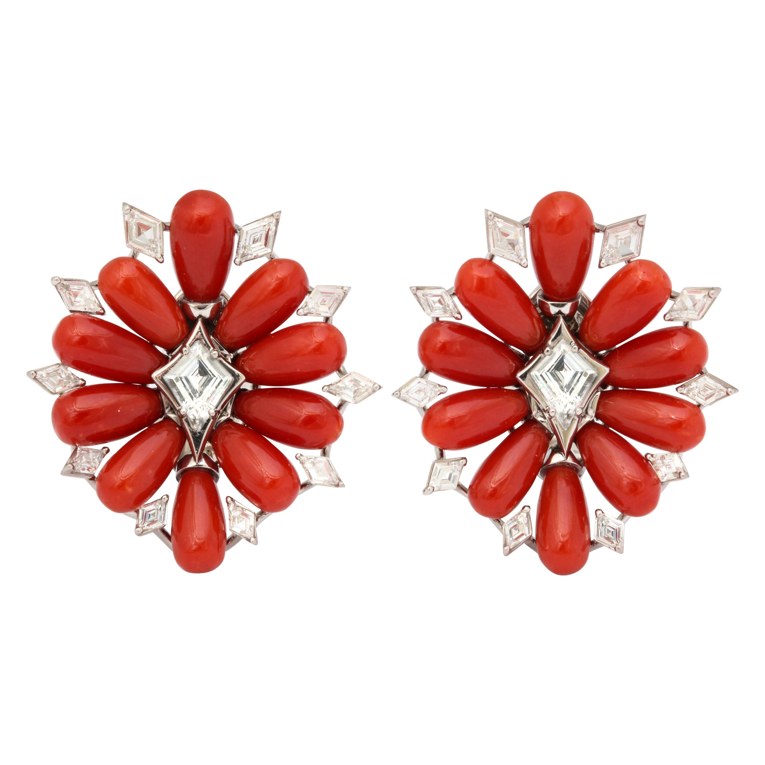 Coral Diamond Platinum Earrings For Sale