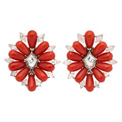 Boucles d'oreilles corail diamant platine