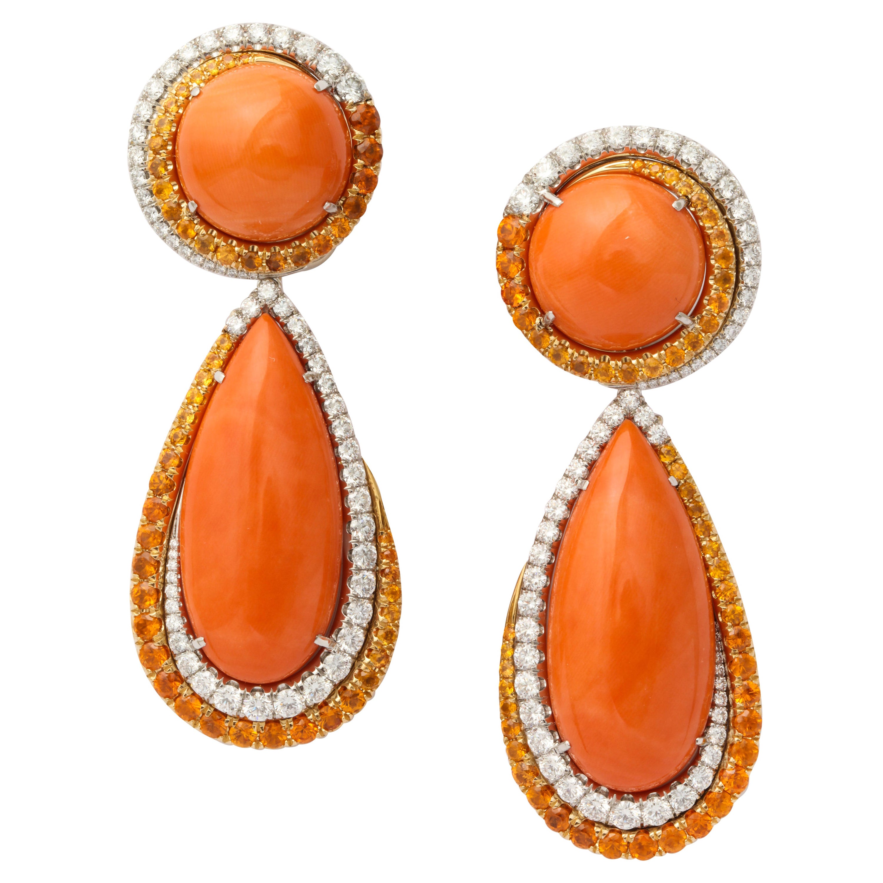Coral Mandarin Garnet Diamond Drop Earrings For Sale