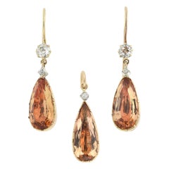 Antique Georgian 14kt Diamond + Imperial Topaz Earrings and Pendant Set