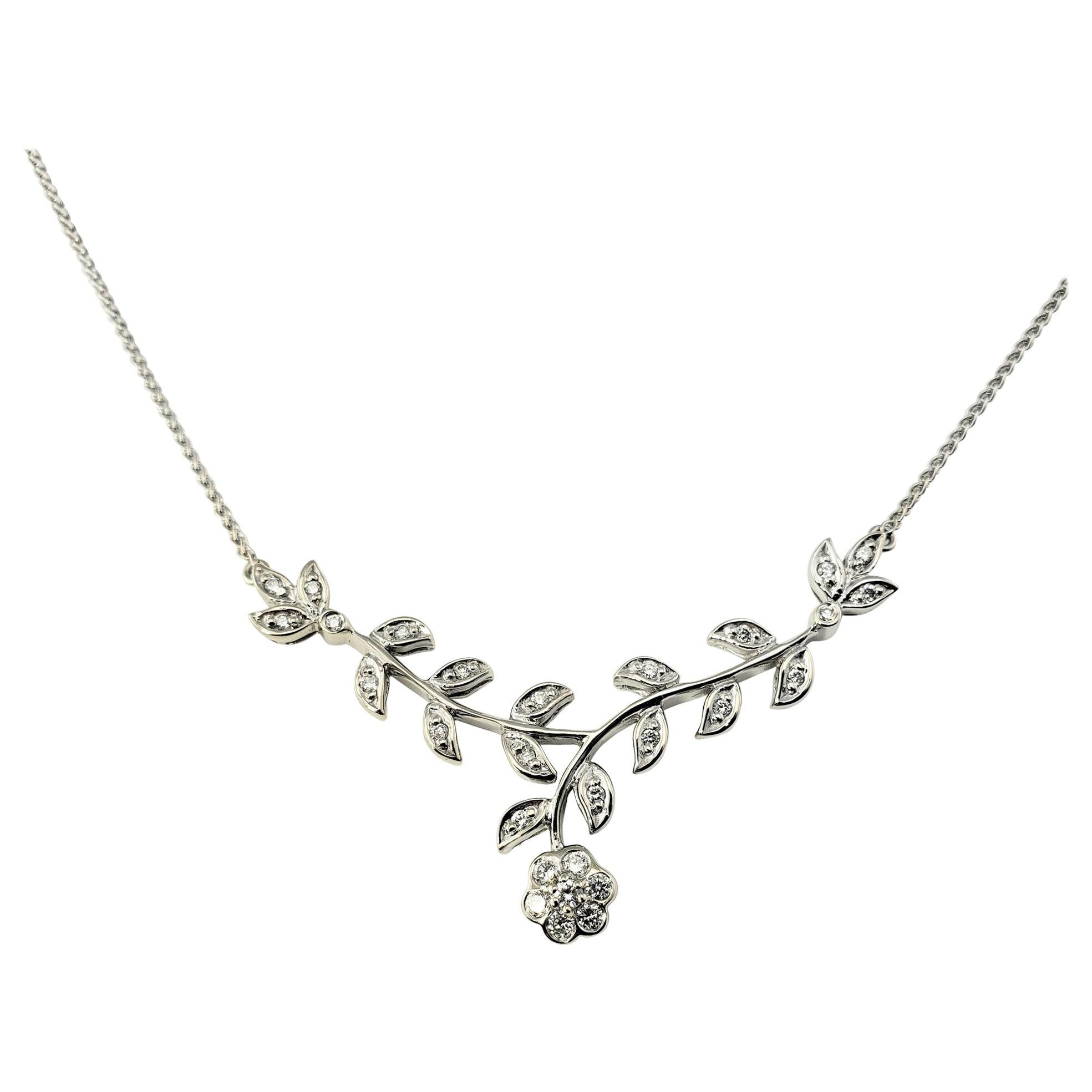 14 Karat White Gold and Diamond Floral Necklace For Sale