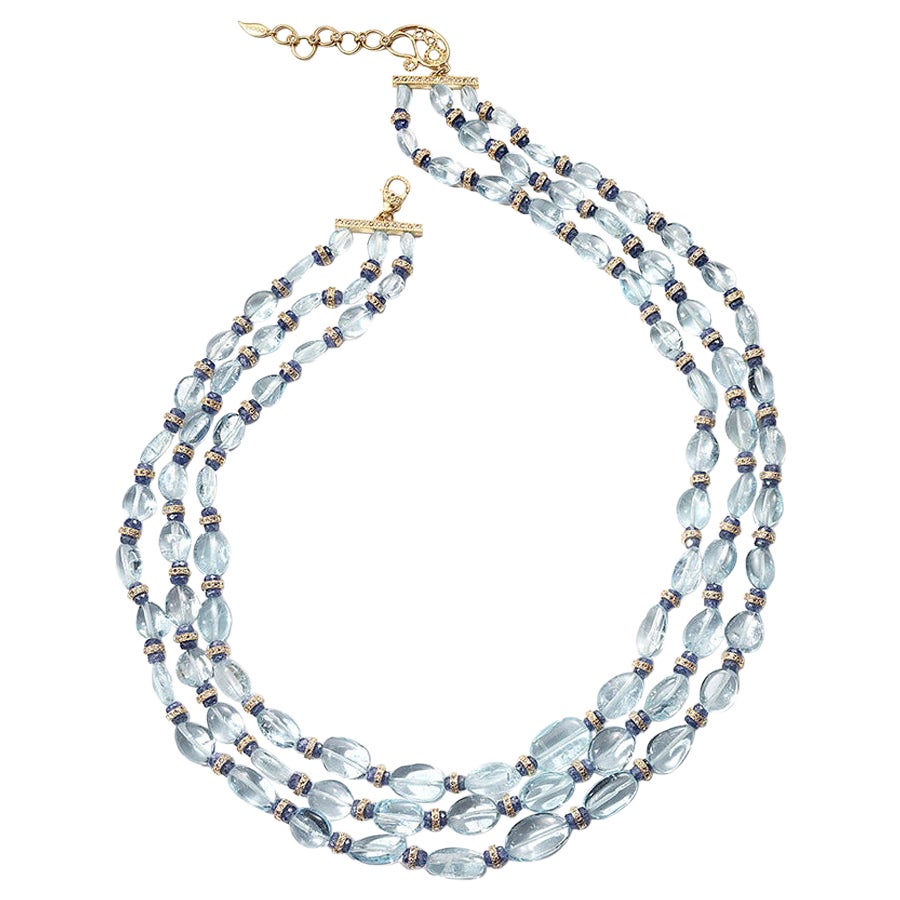 Statement-Halskette aus Aquamarin und Diamanten mit blauem Saphir im Angebot