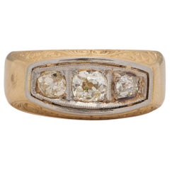 18K Two Tone Floral Carved Antique Old Mine Cut Diamond Three Stone Unisex Ring