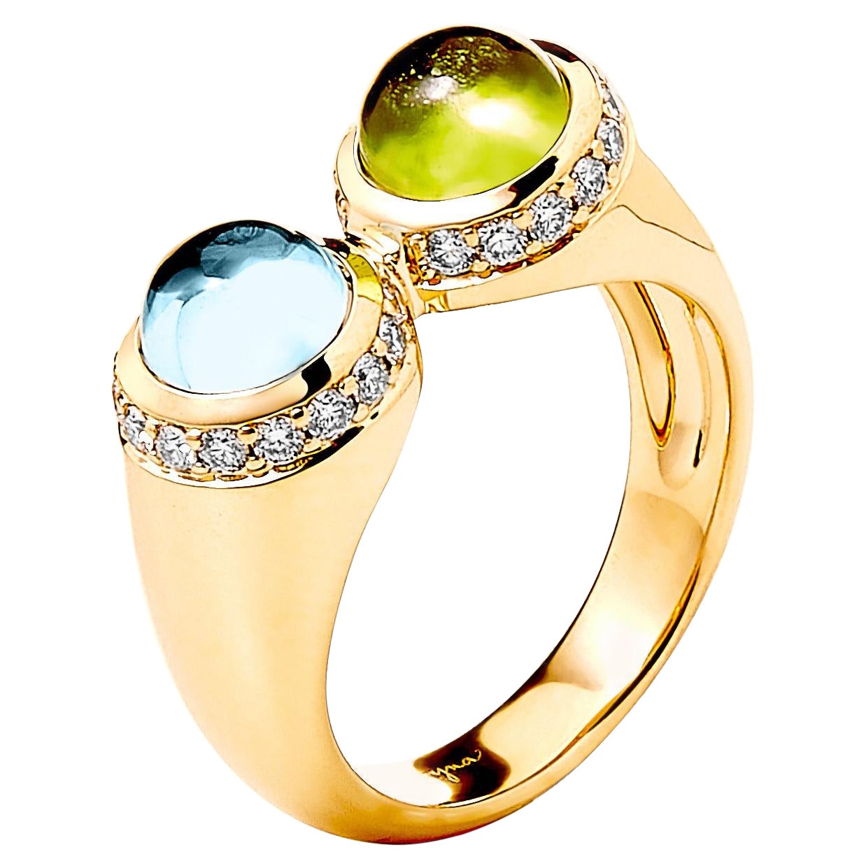 Syna Peridot and Blue Topaz Yellow Gold Ring with Diamonds For Sale