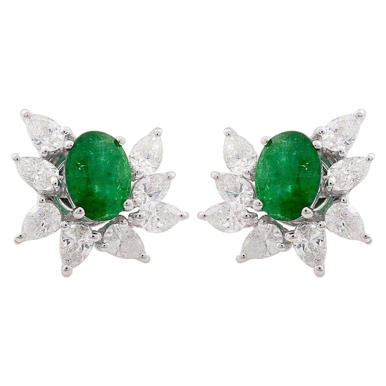 14 Karat Gold Diamond Emerald Cluster Stud Earrings For Sale