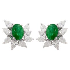 14 Karat Gold Diamond Emerald Cluster Stud Earrings