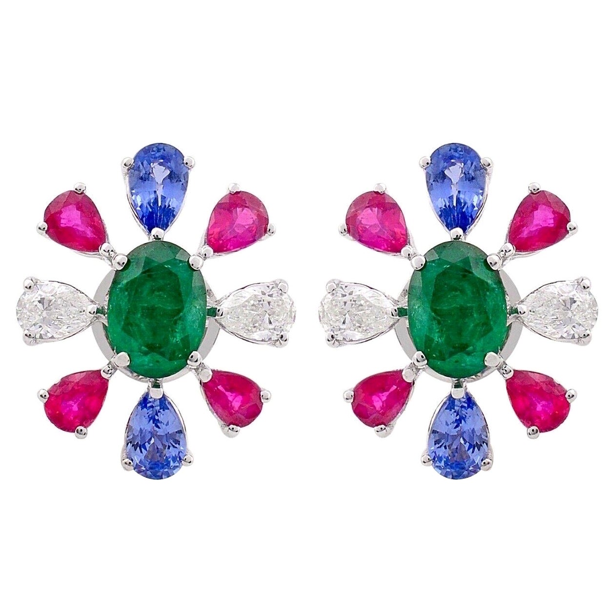 Tanzanite Ruby Emerald Diamond 14 Karat White Gold Stud Earrings