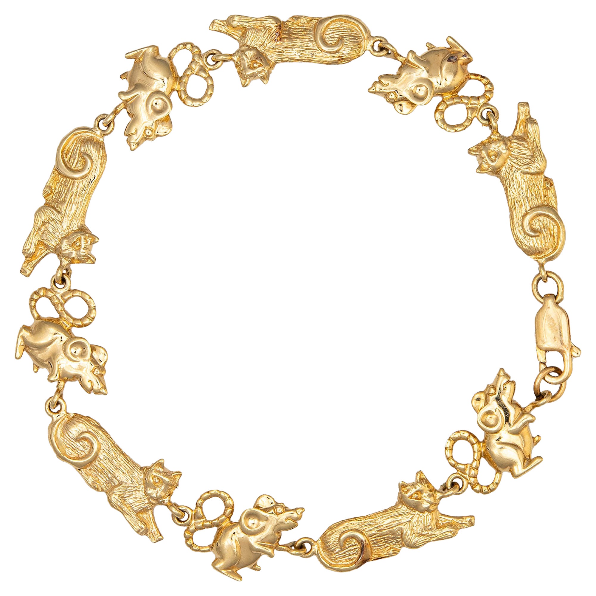 Cat Mouse Charm Bracelet Vintage 14k Yellow Gold Fine Animal Jewelry