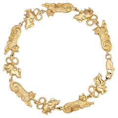 Cat Mouse Charm Bracelet Vintage 14k Yellow Gold Fine Animal Jewelry