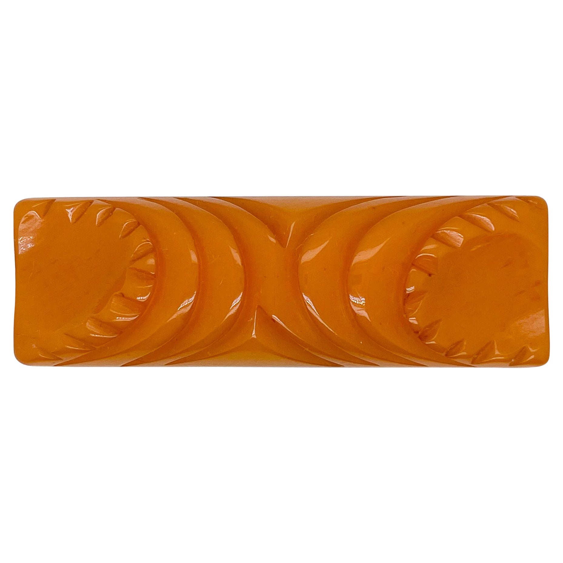 Retro Carved Yellow Bakelite Brooch or Pin For Sale