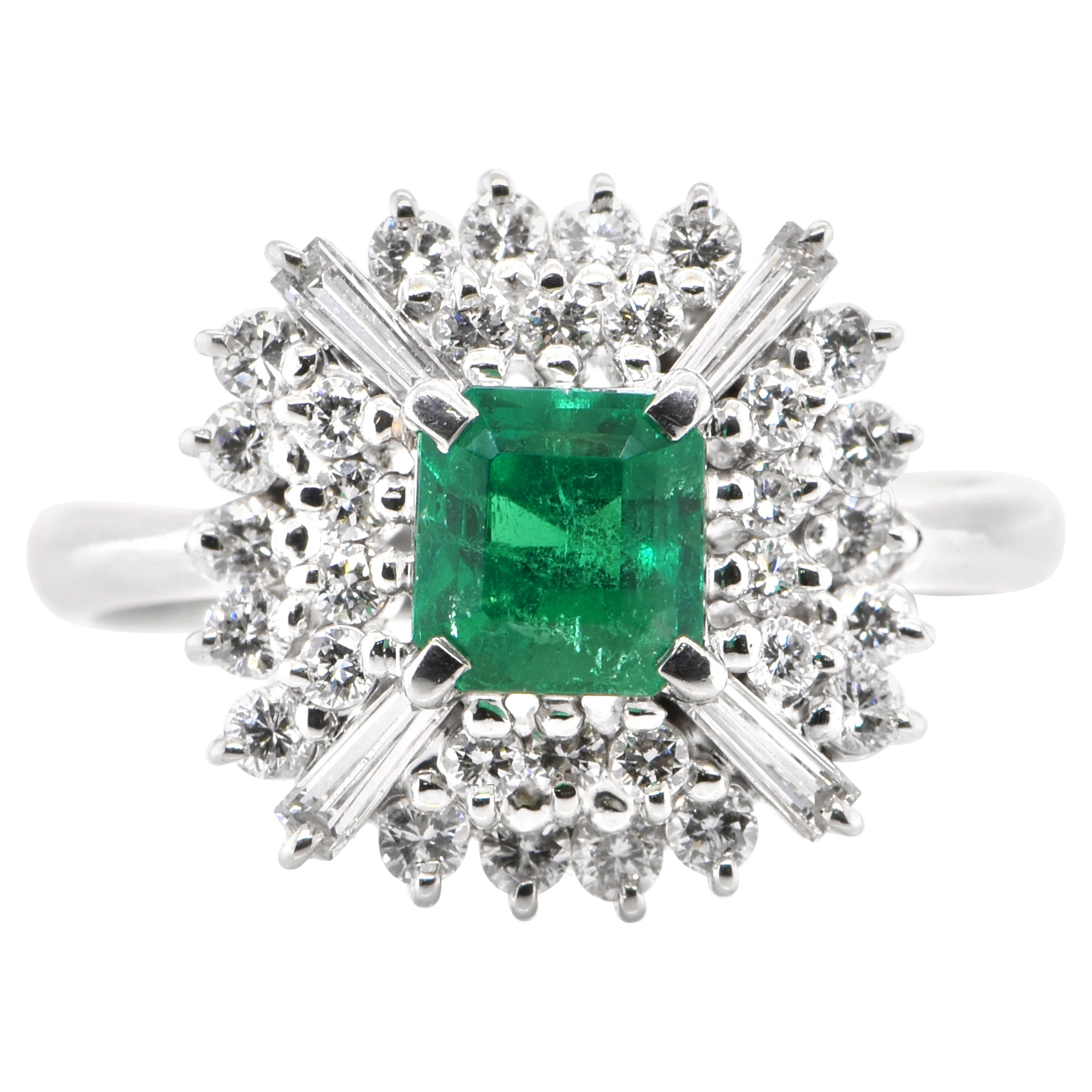 Art Deco Inspired 0.41 Carat Natural Emerald and Diamond Ring Set in Platinum