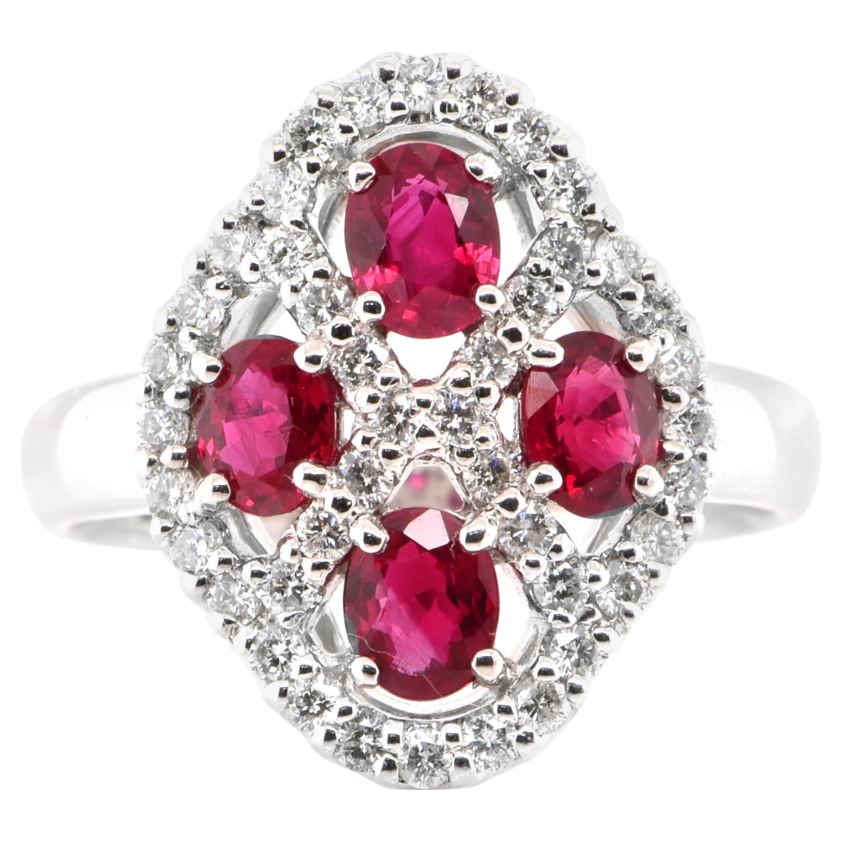 1.34 Carat Natural Rubies and Diamond Cocktail Ring Set in Platinum For Sale
