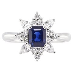 1.23 Carat Natural Emerald-Cut Sapphire and Diamond Halo Ring Set in Platinum
