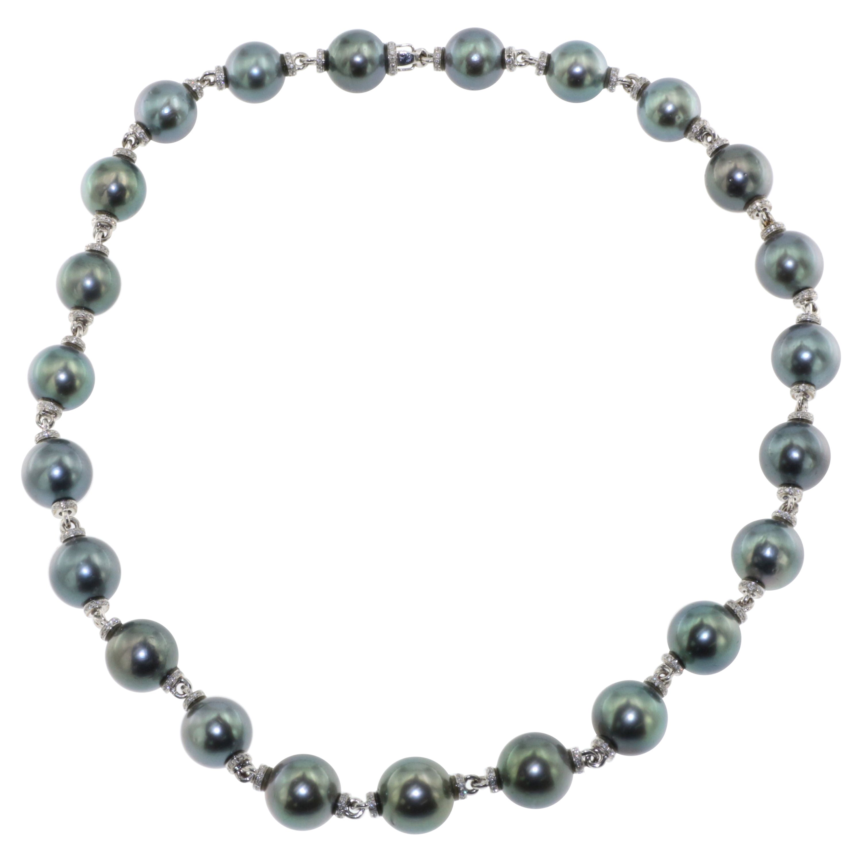 Tahitian Pearl 18K Gold Diamond Rondell Necklace For Sale