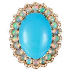 Sleeping Beauty Oval Turquoise Round Opal Diamond Ring