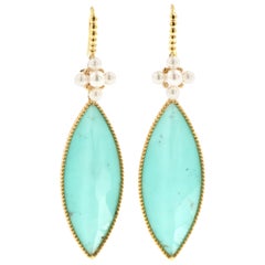 Doublet 27.29 Carat Turquoise Rock Crystal Pearl Gold Dangle Earrings