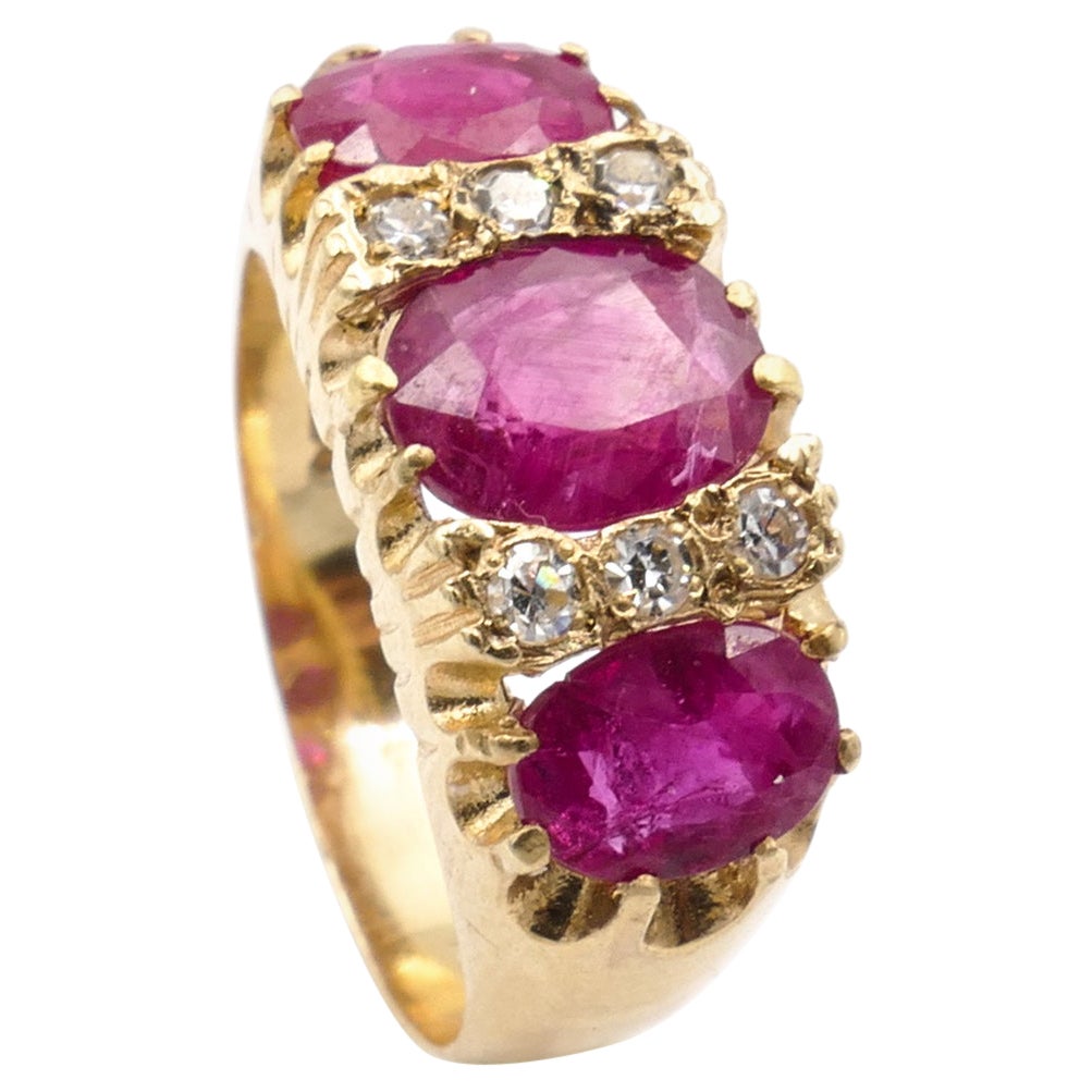 Hallmarked Vintage 9ct Yellow Gold 3 X Ruby & Diamond Ring For Sale