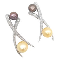 Golden South Sea Tahitian Pearl Pavé Diamond Cross Chopstick 18K Gold Earrings