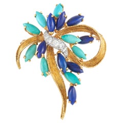 LB Exclusive 18K Yellow Gold 0.50 Ct Diamond, Lapis, and Turquoise Brooch