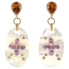 Mother of Pearl Citrine Amethyst Diamond Dangle Earring in 14K Yellow Gold