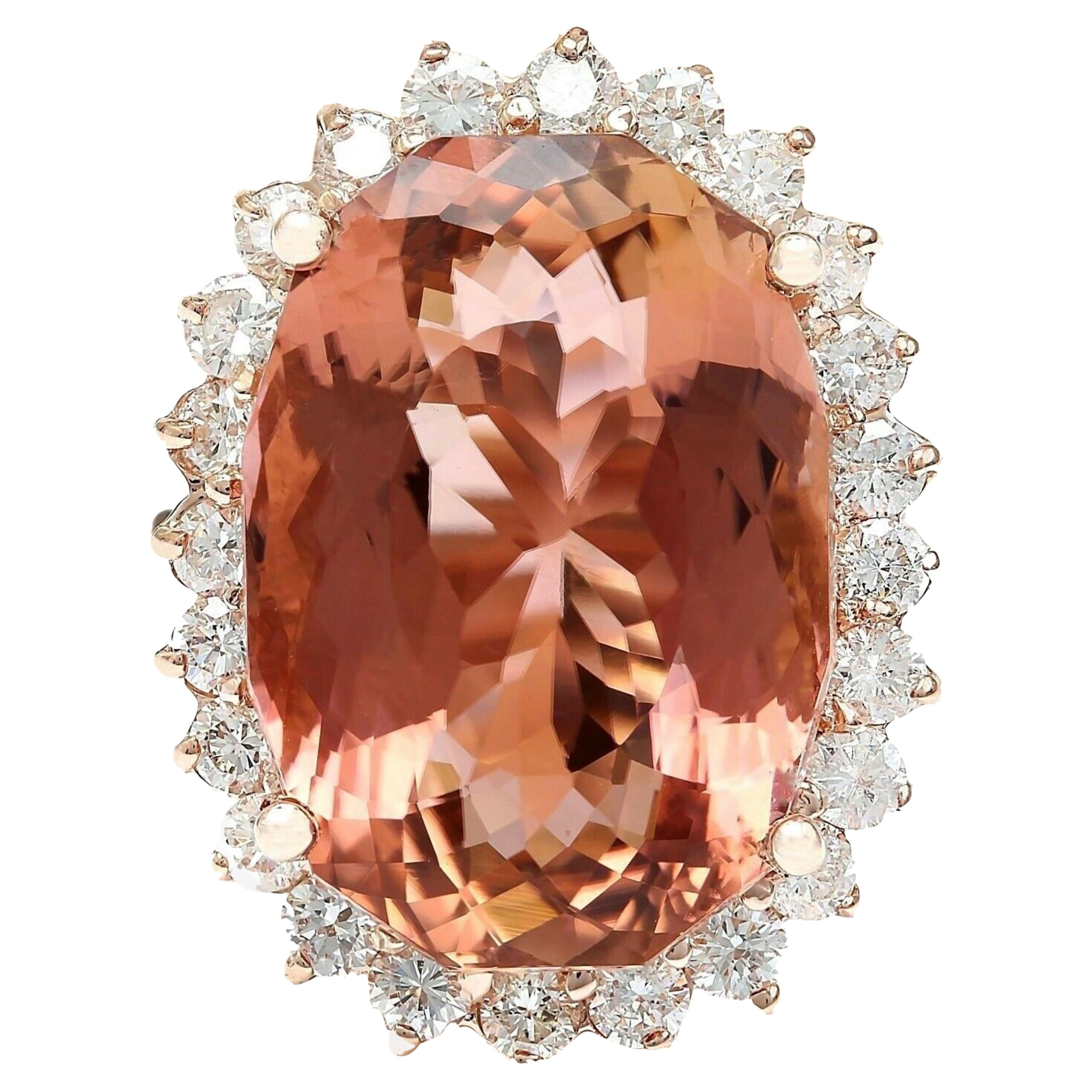 16.60 Carat Morganite Diamond Ring 14 Karat Rose Gold For Sale