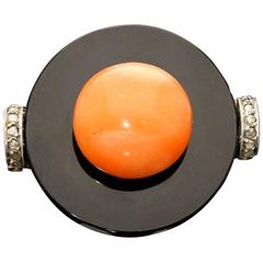 1920s Art Deco Coral Onyx Diamond Gold Ring