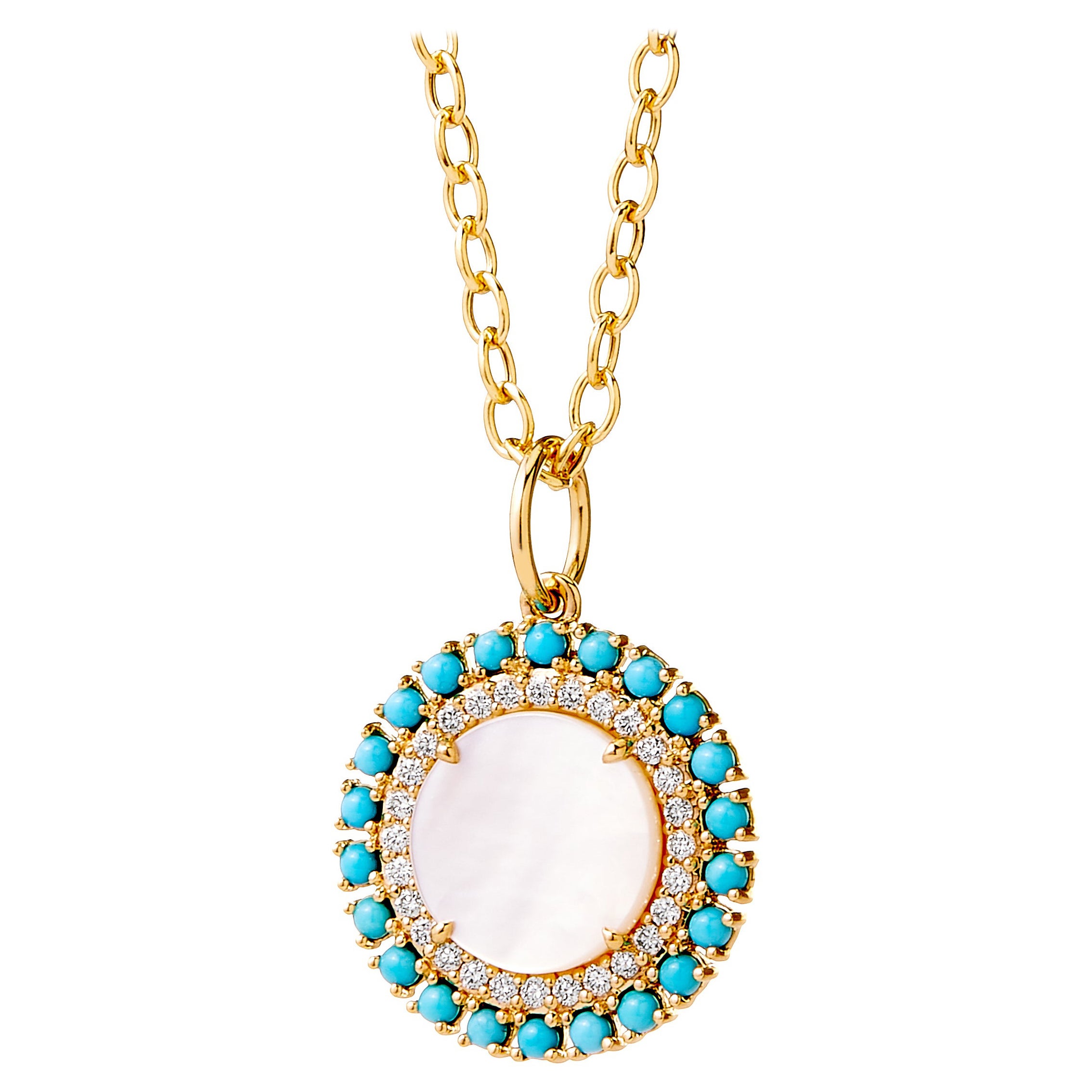 Syna Yellow Gold Mother of Pearl and Turquoise Pendant with Diamonds