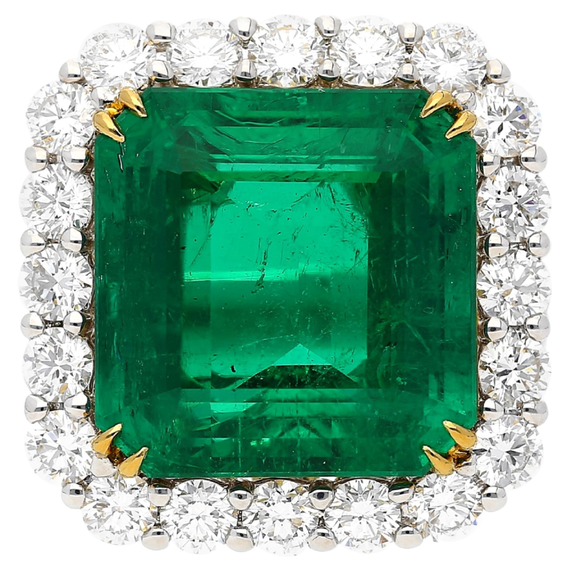 AGL Certified 16.46 Carat Vivid Green Colombian Emerald and Diamond Halo Ring For Sale