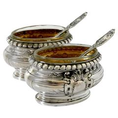 Bergeron Gorgeous French Sterling Silver Vermeil 18k Salt Cellars Pair w/spoonss